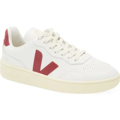 Veja V-90 Panelled Leather Sneakers In White And Red