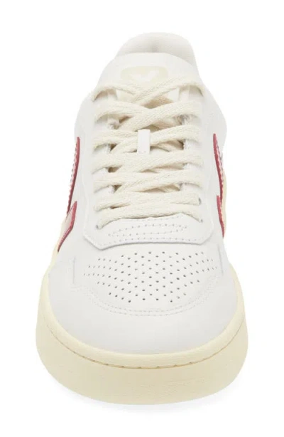 Veja V-90 Panelled Leather Sneakers In White And Red
