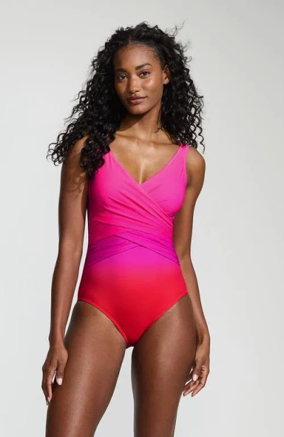 Lands' End D-cup Slender Tummy Control Chlorine Resistant V-neck Wrap One Piece Swimsuit In Pink Multi Ombre