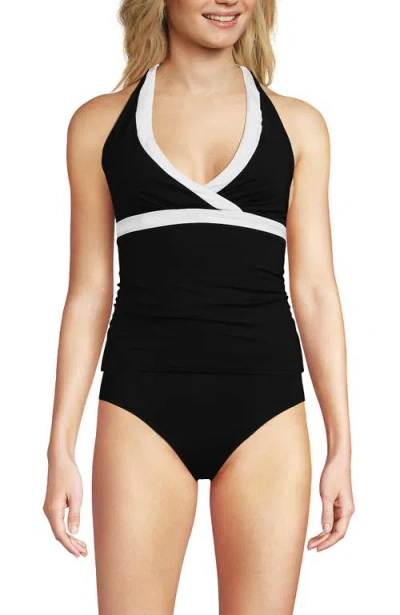 Lands' End Plus Size V-neck Halter Tankini Top In Black/white