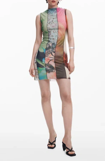 Desigual Mixed Print Mesh Minidress In Bluish Green