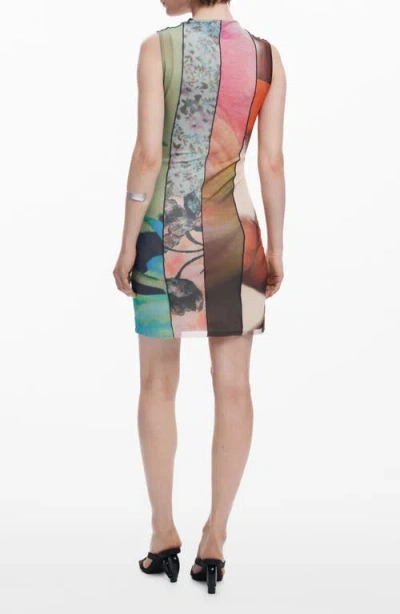 Desigual Mixed Print Mesh Minidress In Bluish Green