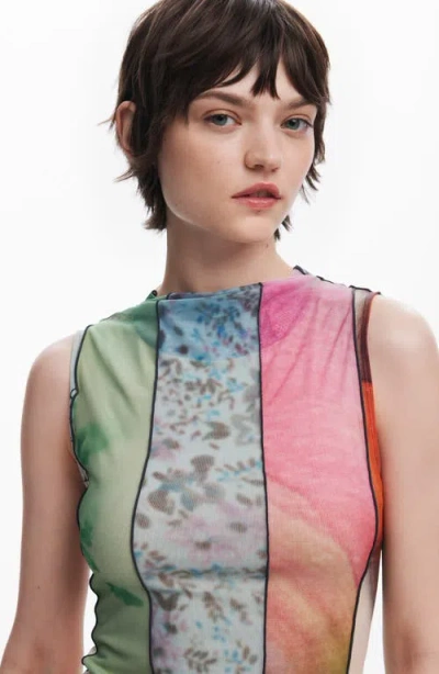 Desigual Mixed Print Mesh Minidress In Bluish Green