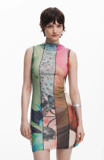 Desigual Mixed Print Mesh Minidress In Bluish Green