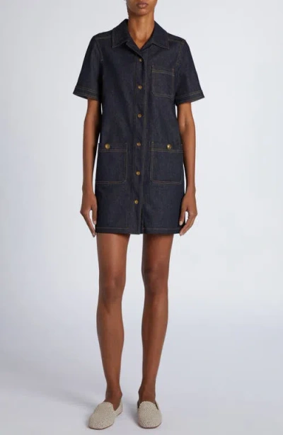 Moncler Short Sleeve Denim Dress With Front Pockets In Blue