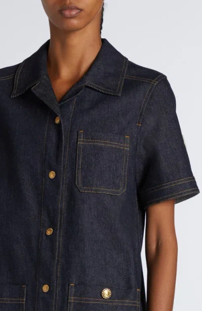 Moncler Short Sleeve Denim Dress With Front Pockets In Blue