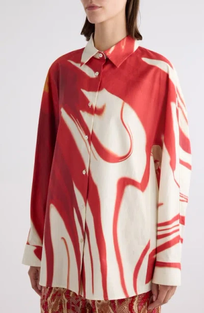 Dries Van Noten Casio Print Oversize Cotton Poplin Button-up Shirt In Red