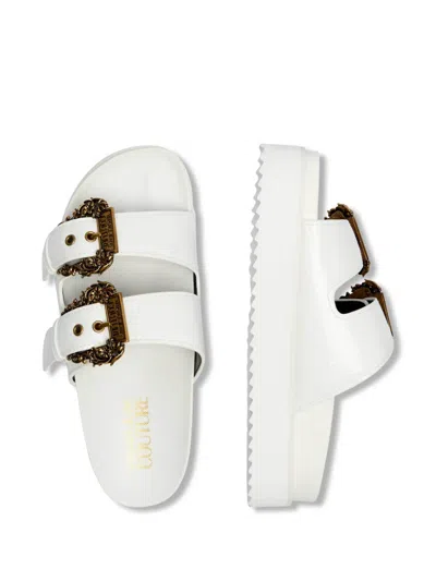 Versace Jeans Couture White Baroque Buckle Arizona Flat Sandals In White