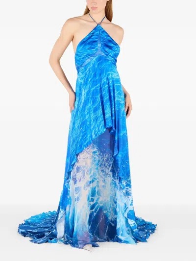 Roberto Cavalli Seidenkleid Stretto Di Messina Print In Blue
