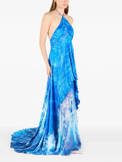 Roberto Cavalli Seidenkleid Stretto Di Messina Print In Blue