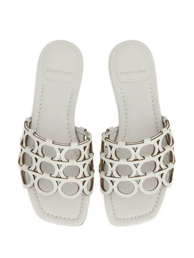 Ferragamo Gancini Pattern Sandals In White