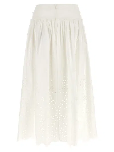 Self-portrait White Midi Skirt With Side Gathered Details And All-over Embroidery