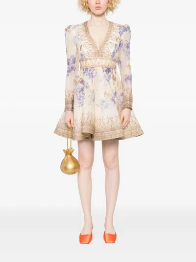 Zimmermann Dawning Plunge Printed Minidress In Purple