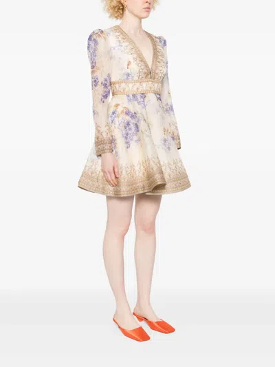 Zimmermann Dawning Plunge Printed Minidress In Purple