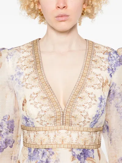 Zimmermann Dawning Plunge Printed Minidress In Purple