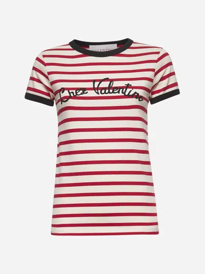 Valentino Women Ivory Striped Jersey Embroidered T-shirt