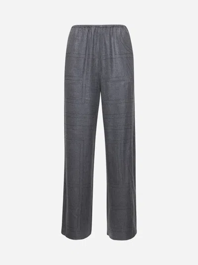 Totême Toteme Monogram Embroidered Flannel Wide Leg Pants