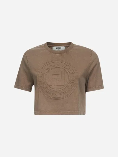 Fendi Beige Cotton Logo Crop T-shirt In Brown