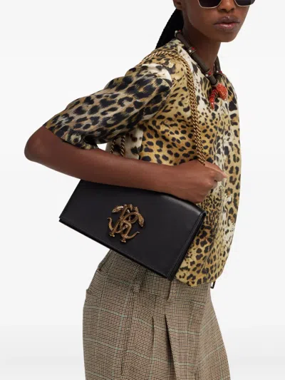 Roberto Cavalli Black Leather Shoulder Bag With Gold Emblem In Purple