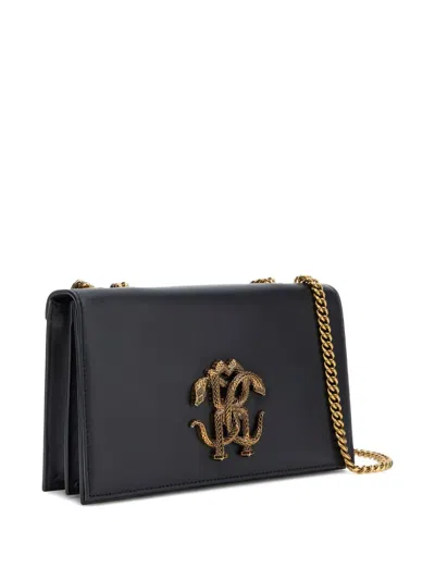 Roberto Cavalli Black Leather Shoulder Bag With Gold Emblem In Purple