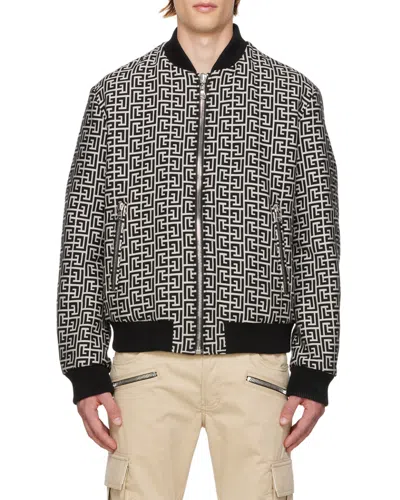 Balmain Monogram-pattern Reversible Bomber Jacket In Black White