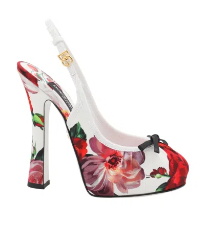 Dolce & Gabbana Satin Pumps With Floral Print And Bow In White