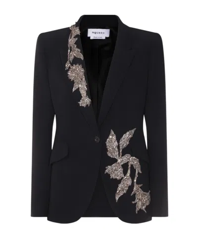 Alexander Mcqueen Embellished Padded-shoulders Blazer In Black