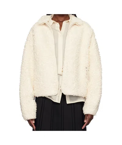 Jil Sander Textured High Collar Long Sleeve Jacket In White