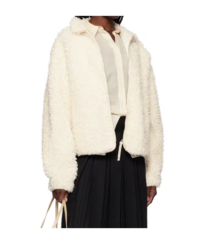 Jil Sander Textured High Collar Long Sleeve Jacket In White