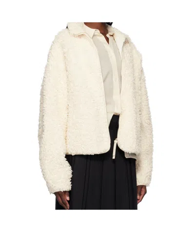 Jil Sander Textured High Collar Long Sleeve Jacket In White