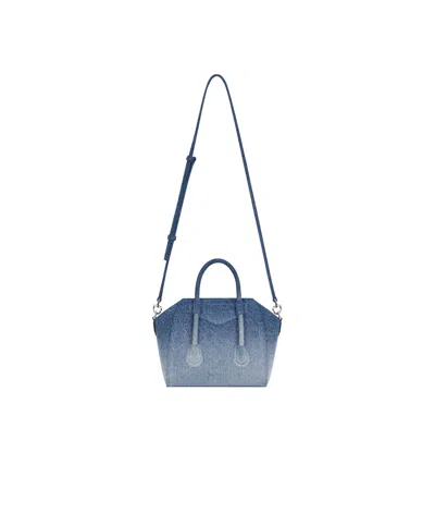 Givenchy Mini Antigona Lock Denim Top Handle Bag In Medium Blue