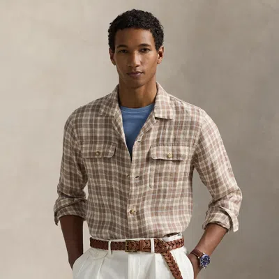 Ralph Lauren Classic Fit Plaid Linen Camp Shirt In Khaki Blue Multi