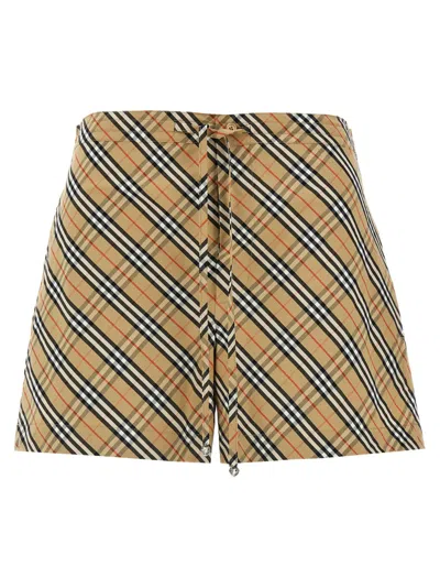 Burberry Women Beige Shorts With Elastic Drawstring Waist And All-over Check Motif In Cotton Woman In Multicolor
