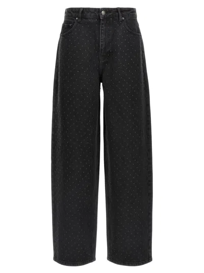 Rotate Birger Christensen Eyelet Pattern Studded Denim Trousers In Black