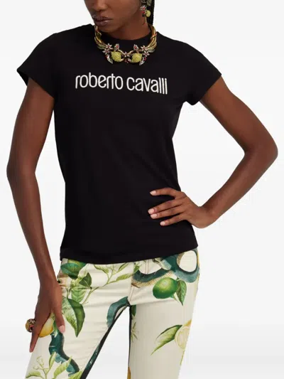 Roberto Cavalli Logo-embroidered T-shirt In Black