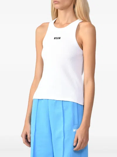 Msgm Logo Racerback Ribbed Slim Fit Tops In White