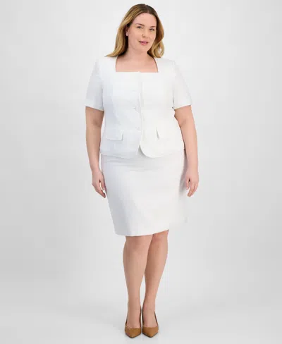 Le Suit Plus Size Tweed Square-neck Button-front Jacket & Slim Skirt In Natural White