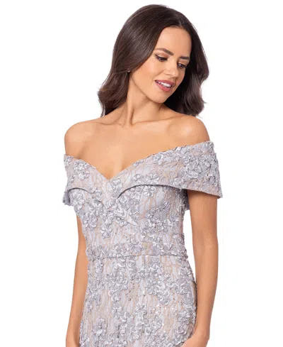 Xscape Off-the-shoulder Lace Gown In Gold,silver