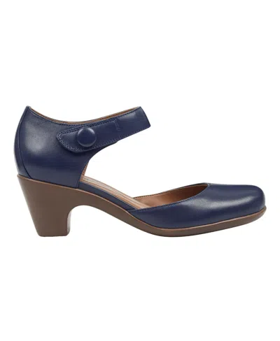 Easy Spirit Clarice Womens Cushioned Footbed Block Heel Mary Jane Heels In Dark Blue Leather