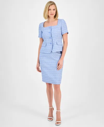Le Suit Women's Tweed Square-neck Button-front Jacket & Slim Skirt Set, Regular & Petite In Pale Blue,white