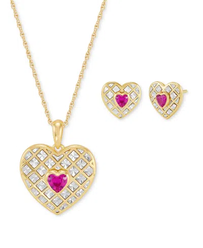 Macy's Created Ruby Or Pink Sapphire (1 Ct. T.w.) Heart Stud Earrings & Pendant Necklace In 14k Gold Over S In Ruby