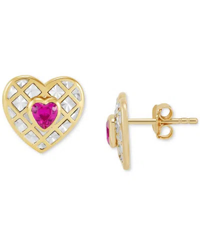 Macy's Created Ruby Or Pink Sapphire (1 Ct. T.w.) Heart Stud Earrings & Pendant Necklace In 14k Gold Over S In Ruby