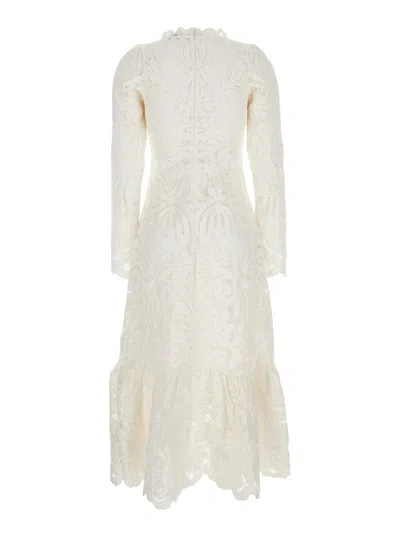 Sea New York Agathe Applique White Crewneck Long Dress With Asymmetric Hem In Tech Fabric Woman In White