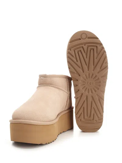 Ugg Classic Ultramini Beige Ankle Boots With Platform In Leather Woman In Multi