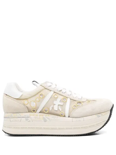 Premiata Suede Low Top Sneakers With Rubber Sole In Neutrals