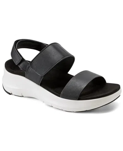 Rockport Women's Qwera Open Toe Strappy Casual Wedge Sandals In Black Leather