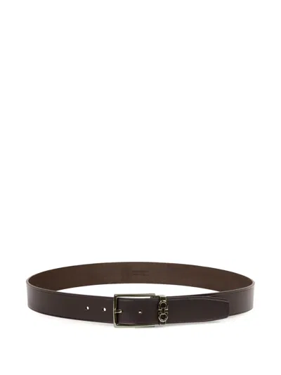 Ferragamo Grained Leather Gancini Motif Reversible Belt In Brown