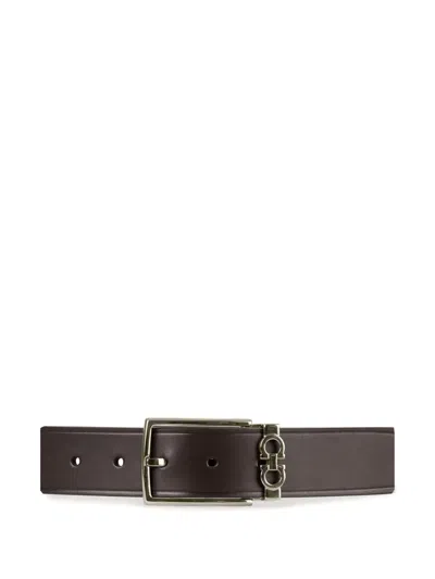 Ferragamo Grained Leather Gancini Motif Reversible Belt In Brown