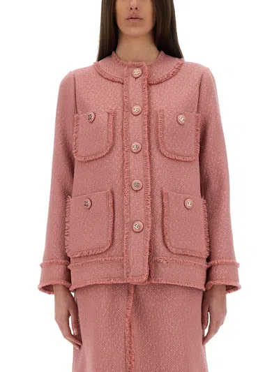 Dolce & Gabbana 'rachel' Blazer With Textured Fabric And Fringed Edges In Pink