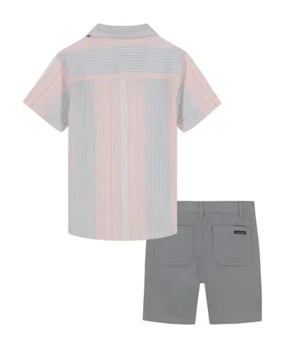 Calvin Klein Toddler And Little Boys 2-piece Striped Woven Button Front And Washed Twill Shorts Set In Stripes,charcoal